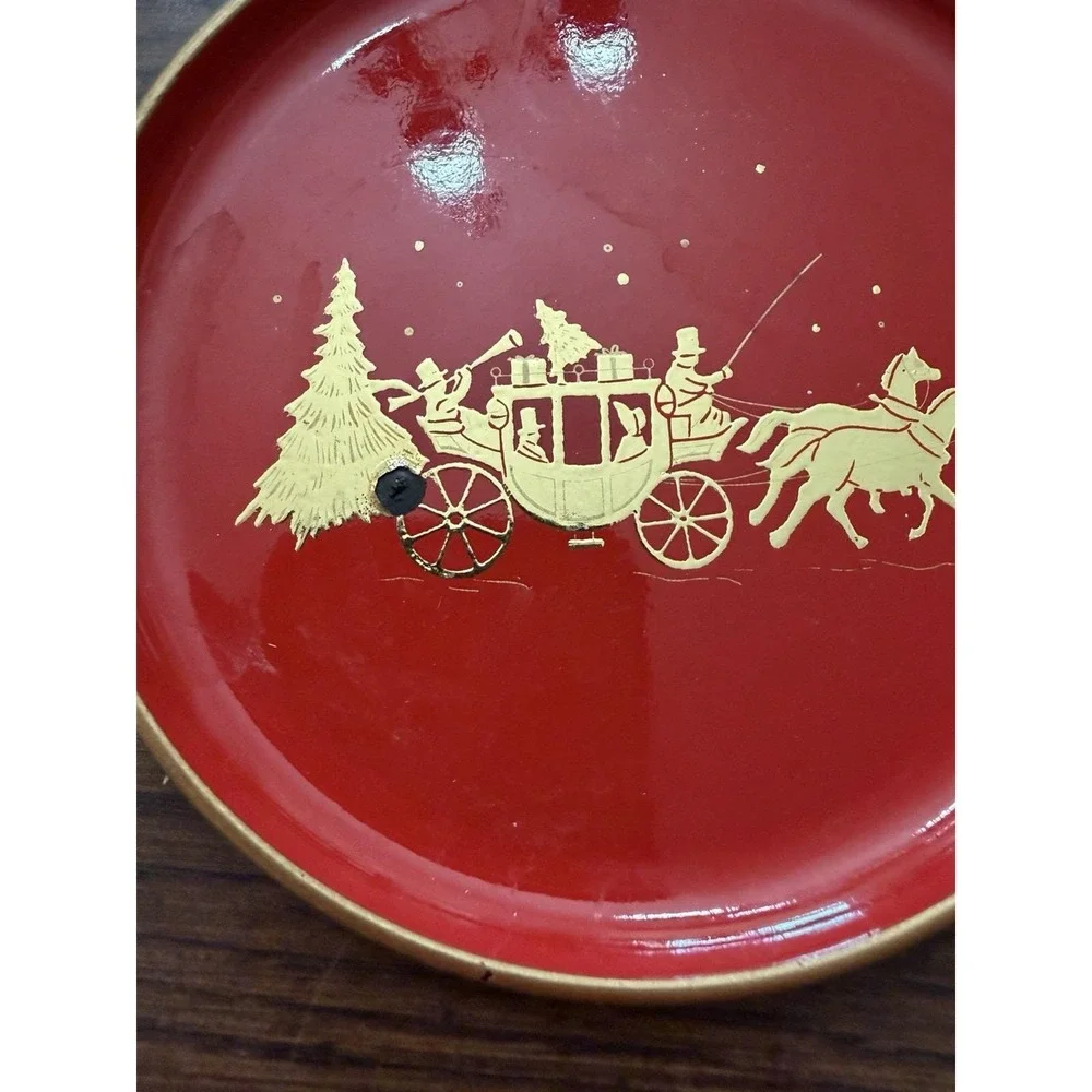 Vintage 1960s-70s Christmas Coasters Red Gold Horse Carriage Elegant